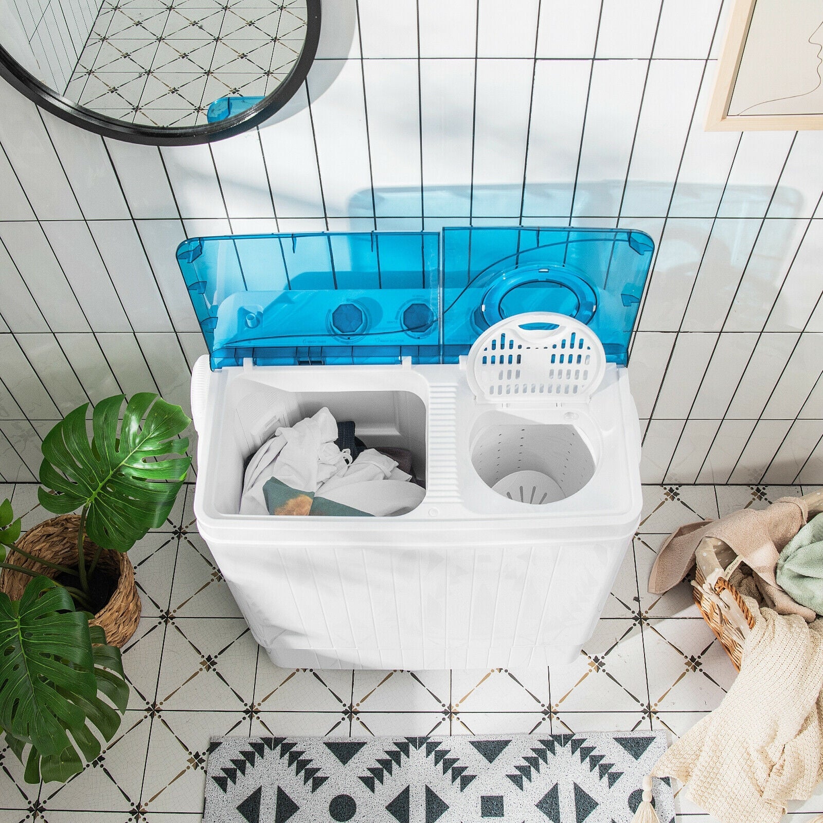 26 LBS Twin Tub Portable Washing Machine with Built-In Drain Pump-Gray