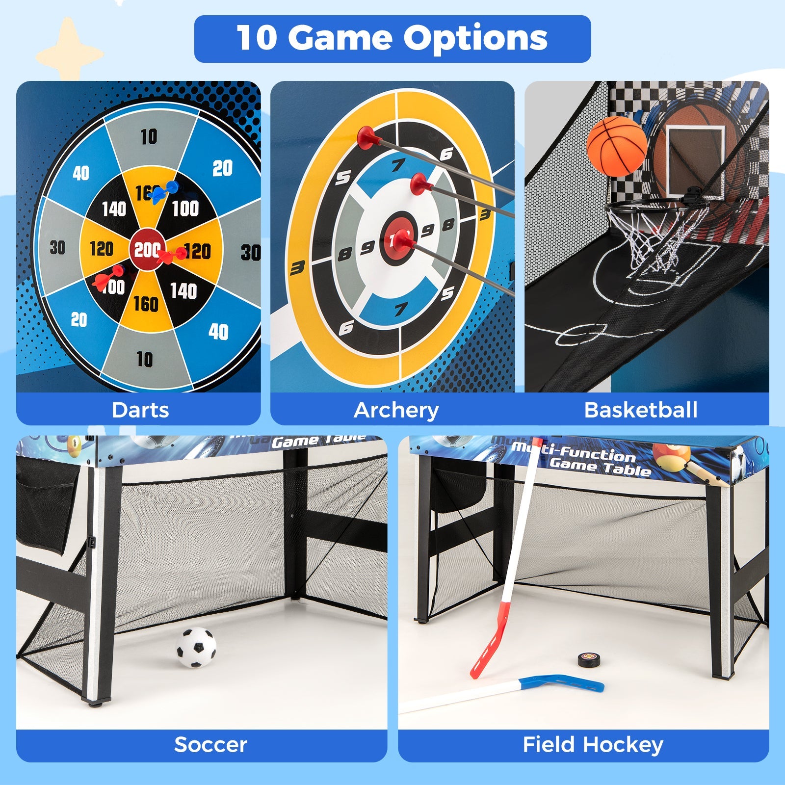 10-in-1 Combo Game Table Set with Table Tennis Basketball Soccer-Blue