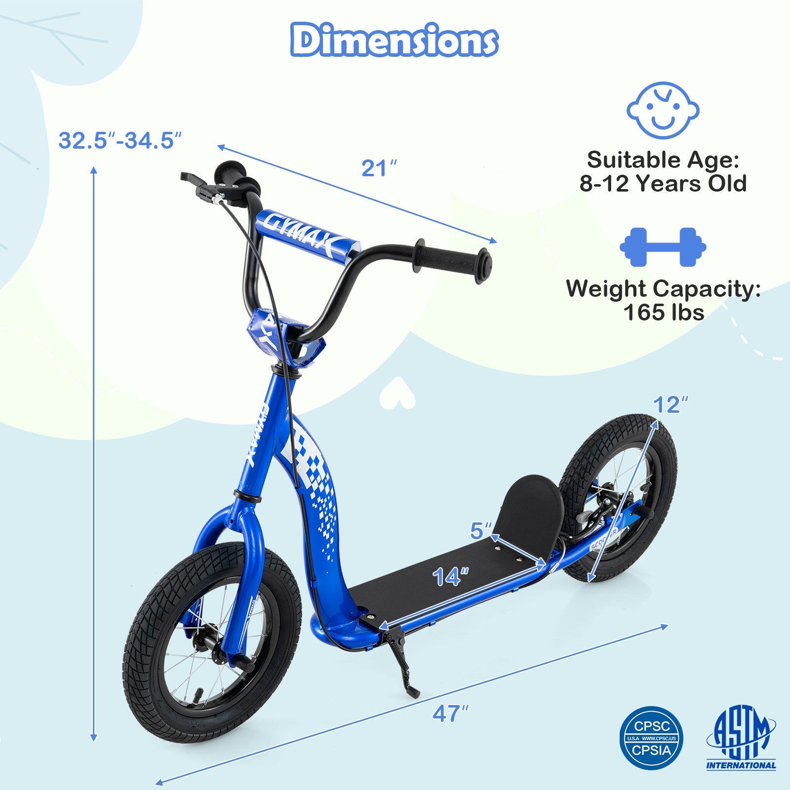 Kids Scooter Youth Kick Scooter with Adjustable Height Handlebar 12-Inch Inflatable Wheels