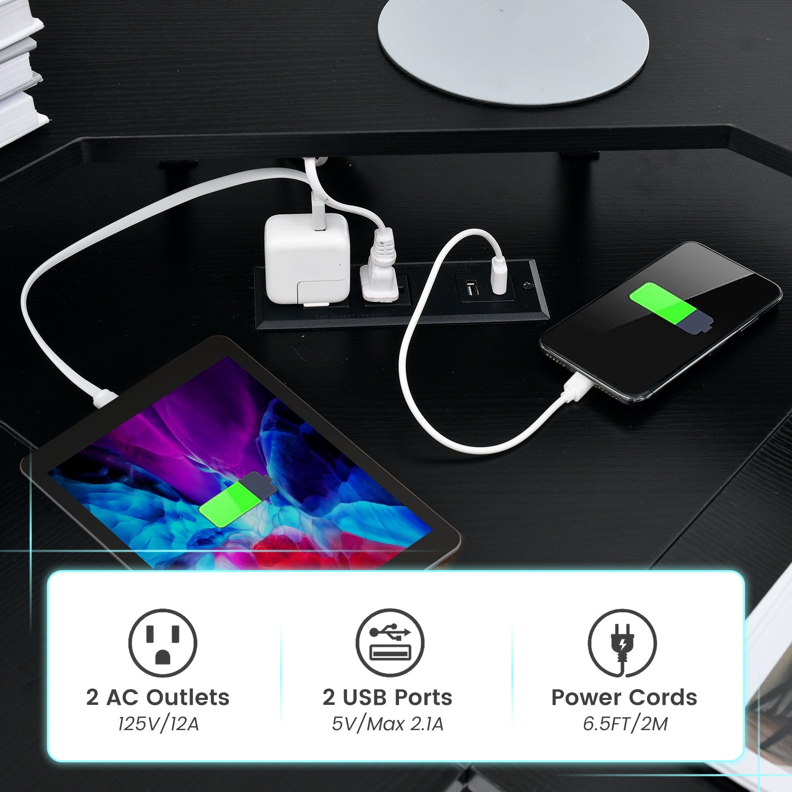 L-shaped Computer Desk with Power Outlet and Monitor Stand