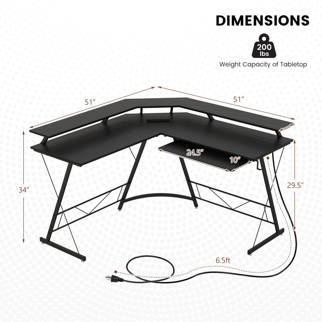 L-shaped Computer Desk with Power Outlet and Monitor Stand