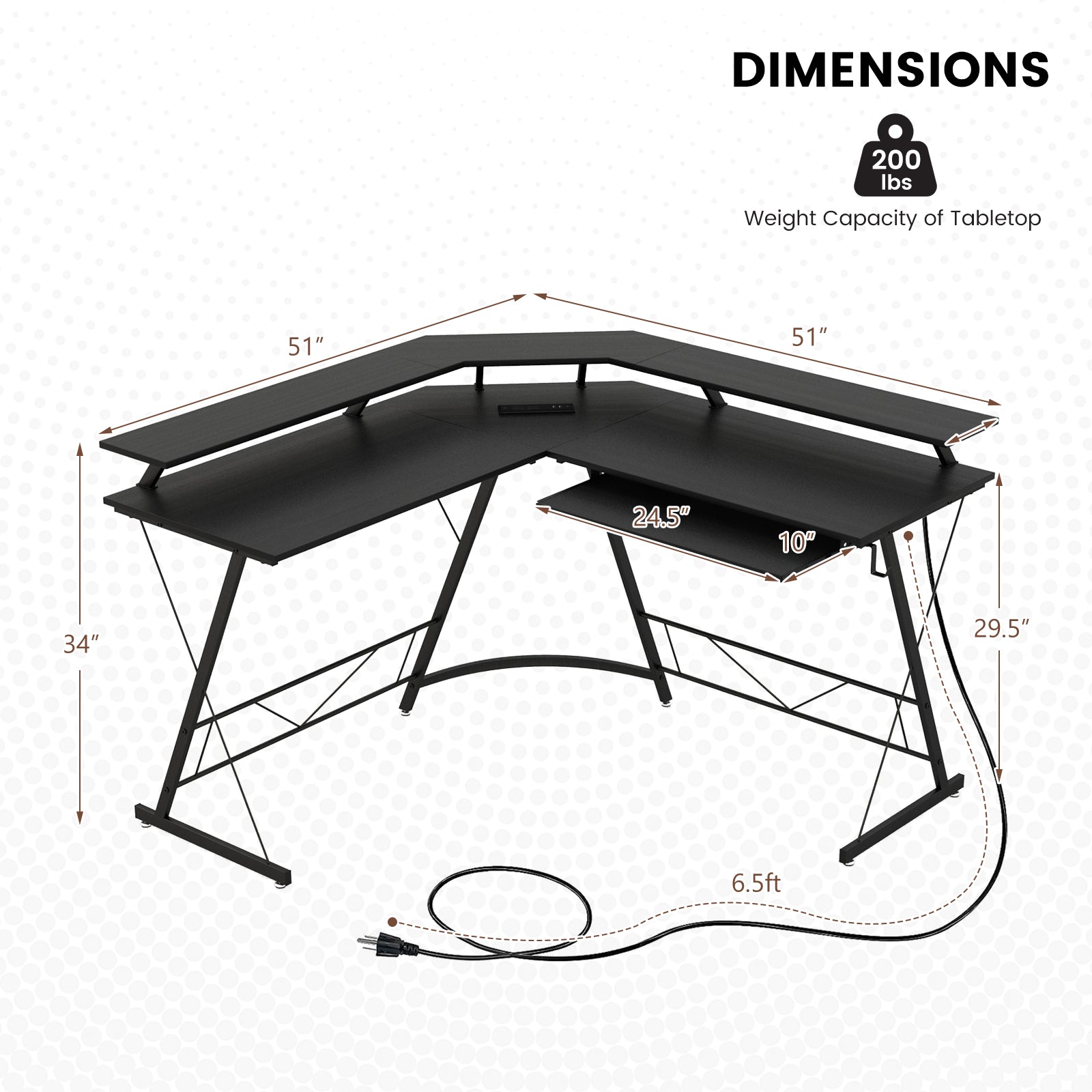 L-shaped Computer Desk with Power Outlet and Monitor Stand