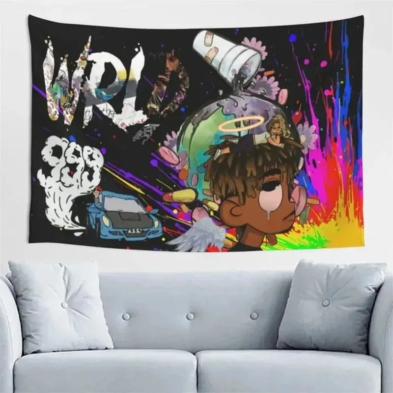 VIKAMA Vintage Juice WRLD Wall Tapestry Sunset Butterfly Hip Hop Singer Portrait Teen Music Fan Room Hanging Cloth Decor