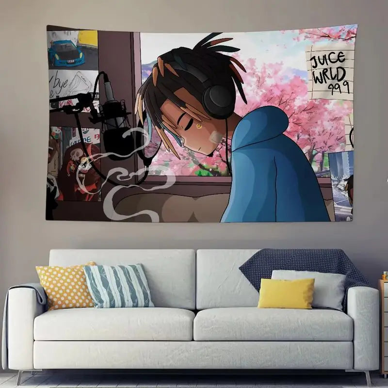 VIKAMA Vintage Juice WRLD Wall Tapestry Sunset Butterfly Hip Hop Singer Portrait Teen Music Fan Room Hanging Cloth Decor