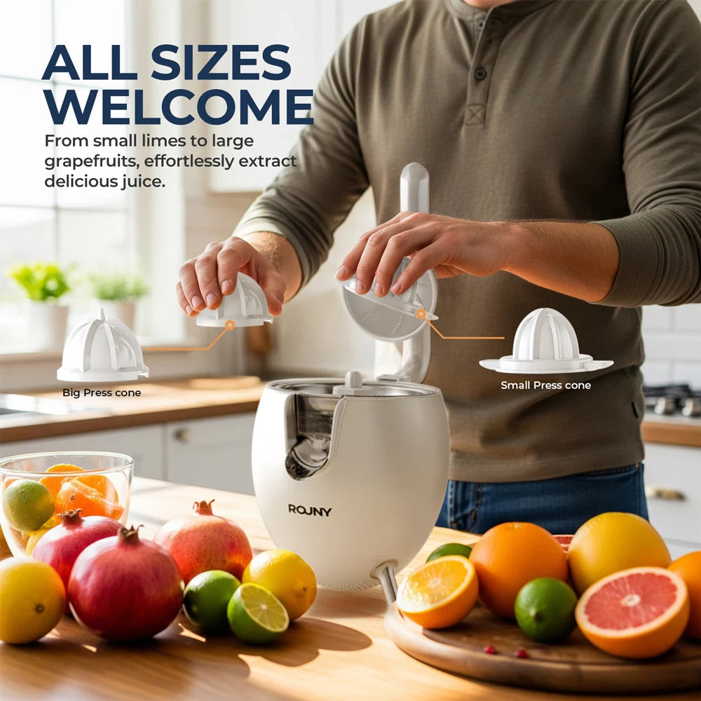 Electric Stainless Steel Citrus Juicer, Orange Lemon Set Juicer with 2 Cones, BPA-Free and Easy to Clean, Powerful 850W, White