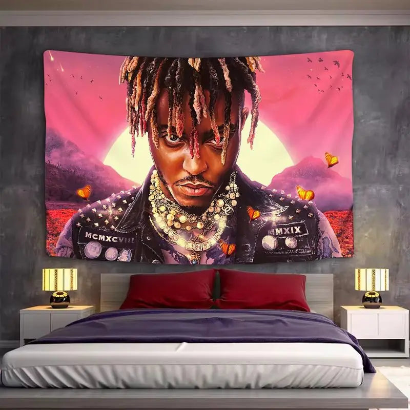 VIKAMA Vintage Juice WRLD Wall Tapestry Sunset Butterfly Hip Hop Singer Portrait Teen Music Fan Room Hanging Cloth Decor