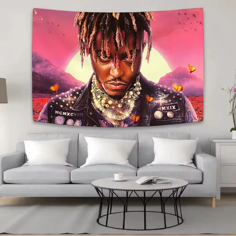 VIKAMA Vintage Juice WRLD Wall Tapestry Sunset Butterfly Hip Hop Singer Portrait Teen Music Fan Room Hanging Cloth Decor